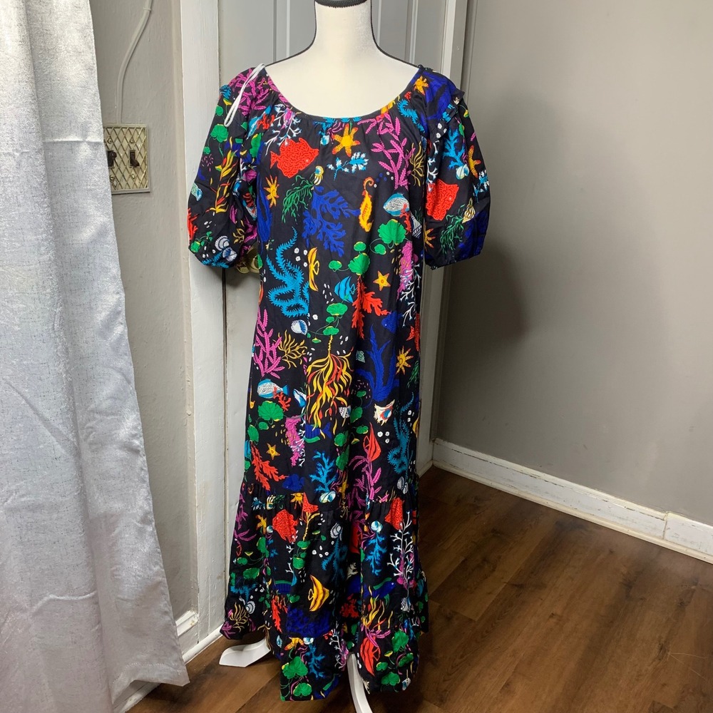 Vintage 60s Tropicana Originals Hawaiian black tropical ocean maxi dress size 12 - Picture 2 of 5